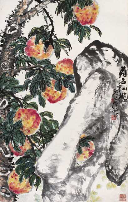 陆抑非 寿石仙桃图 立轴